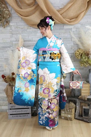 専用　ローラ　ROLA 振袖　豪華　青　美品　ラインストーン 振袖フルセット ローラ 成人式 青 ブルー 豪華 正絹 着物 卒業式